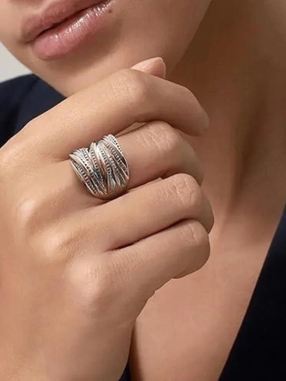 Rose Gold & Silver Plated Intertwined Wide Band Ring 8